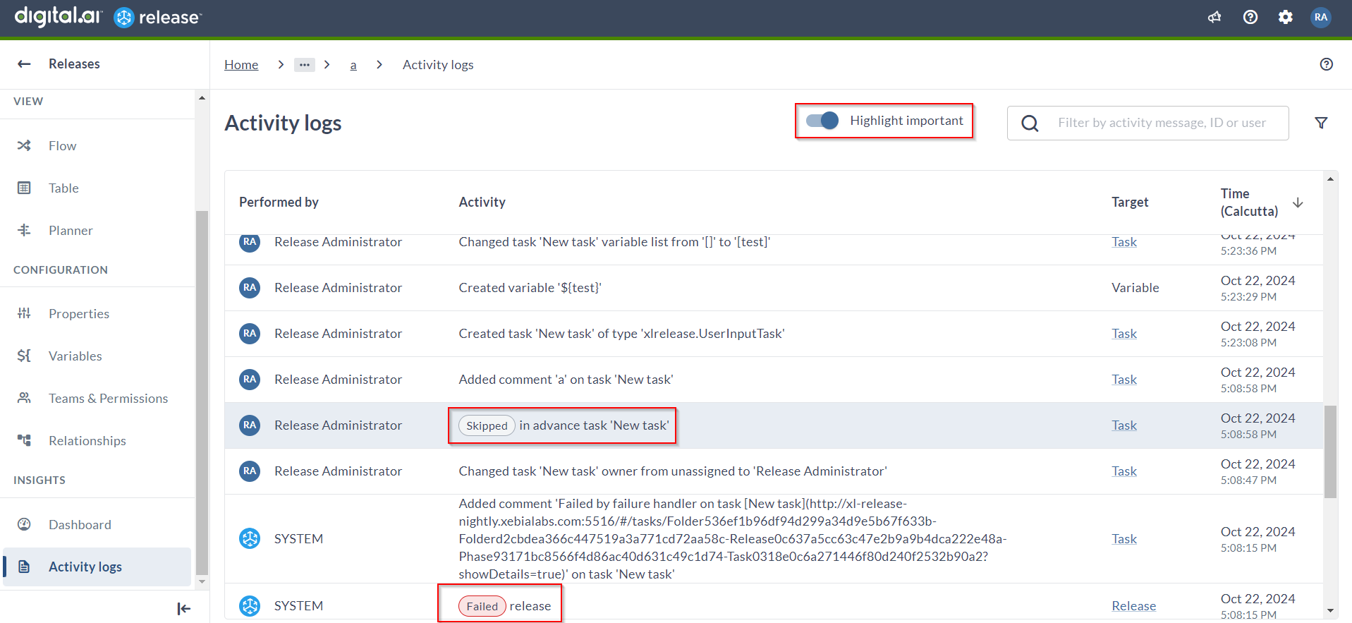 Activity logs table with color-coded Skipped and Failed status pills highlighted next to activity entries