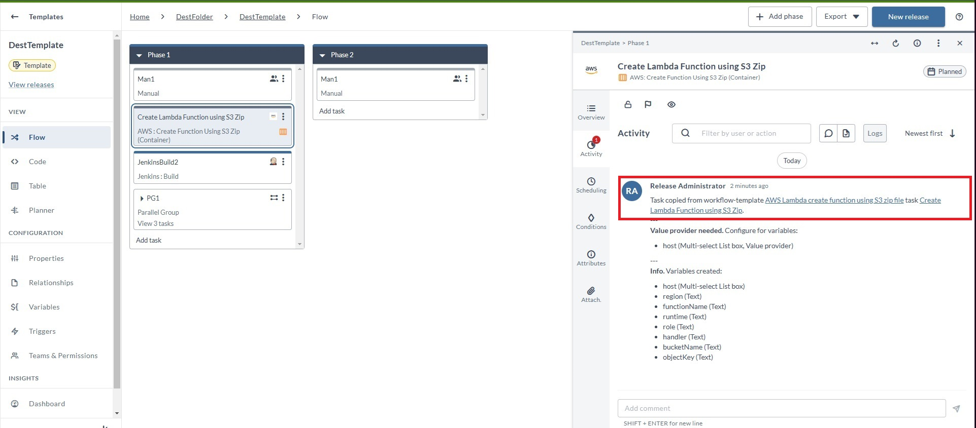 Task Activity panel showing a comment noting the task was copied from a workflow template with a list of variables created