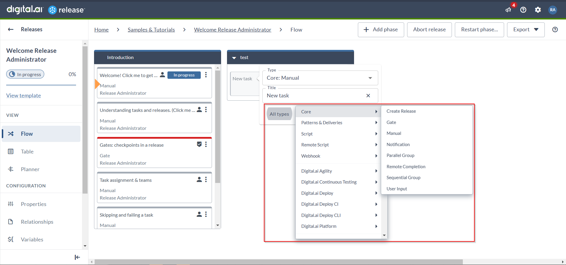 Task type picker showing the full task tree menu grouped by category