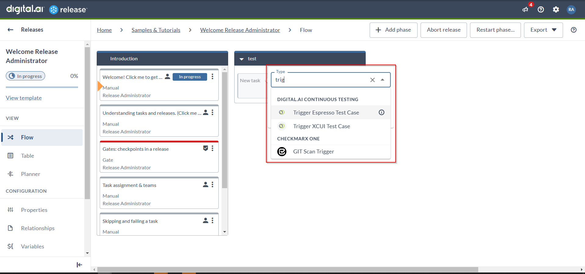 Task type search field open, showing a text-filtered list of matching task types