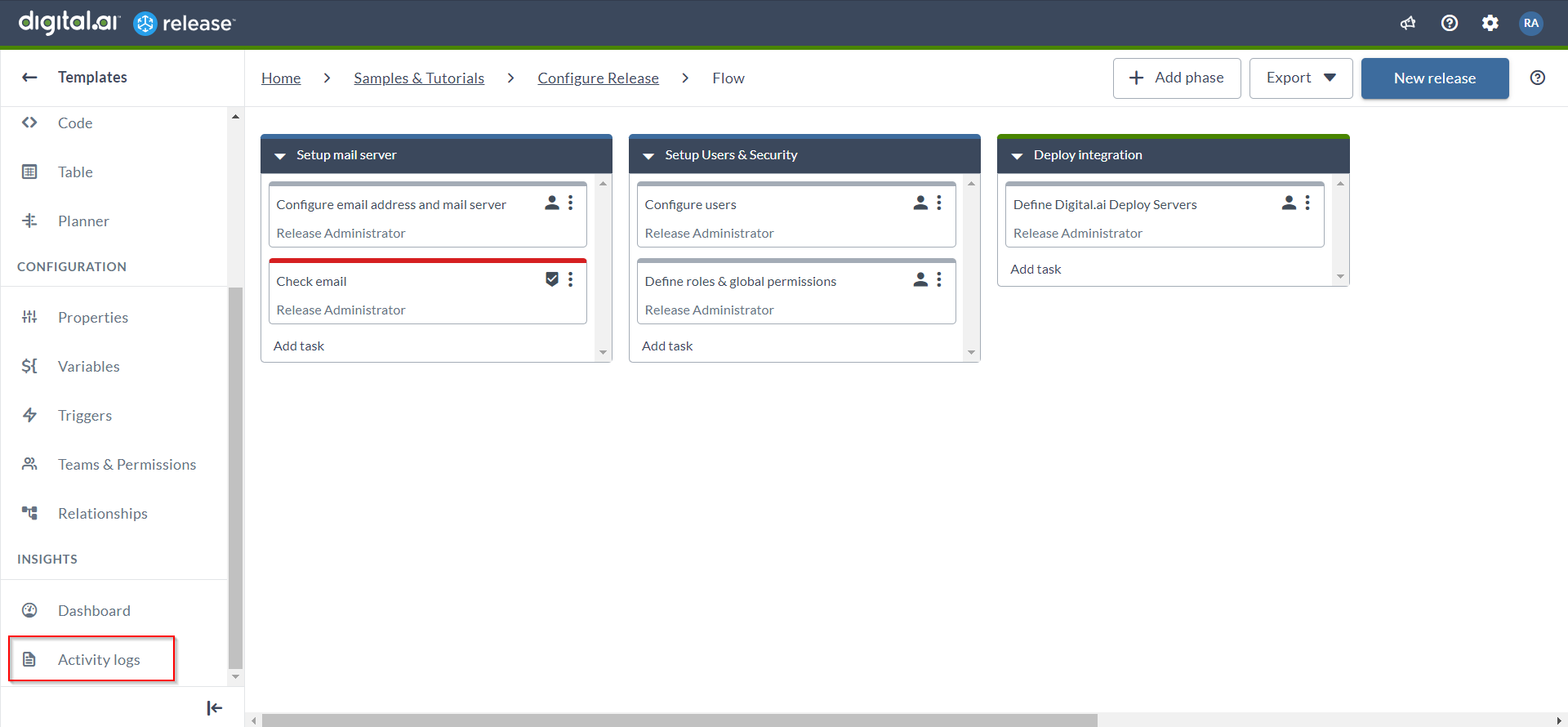 Template Flow view with Activity logs selected in the left navigation, showing phase and task cards