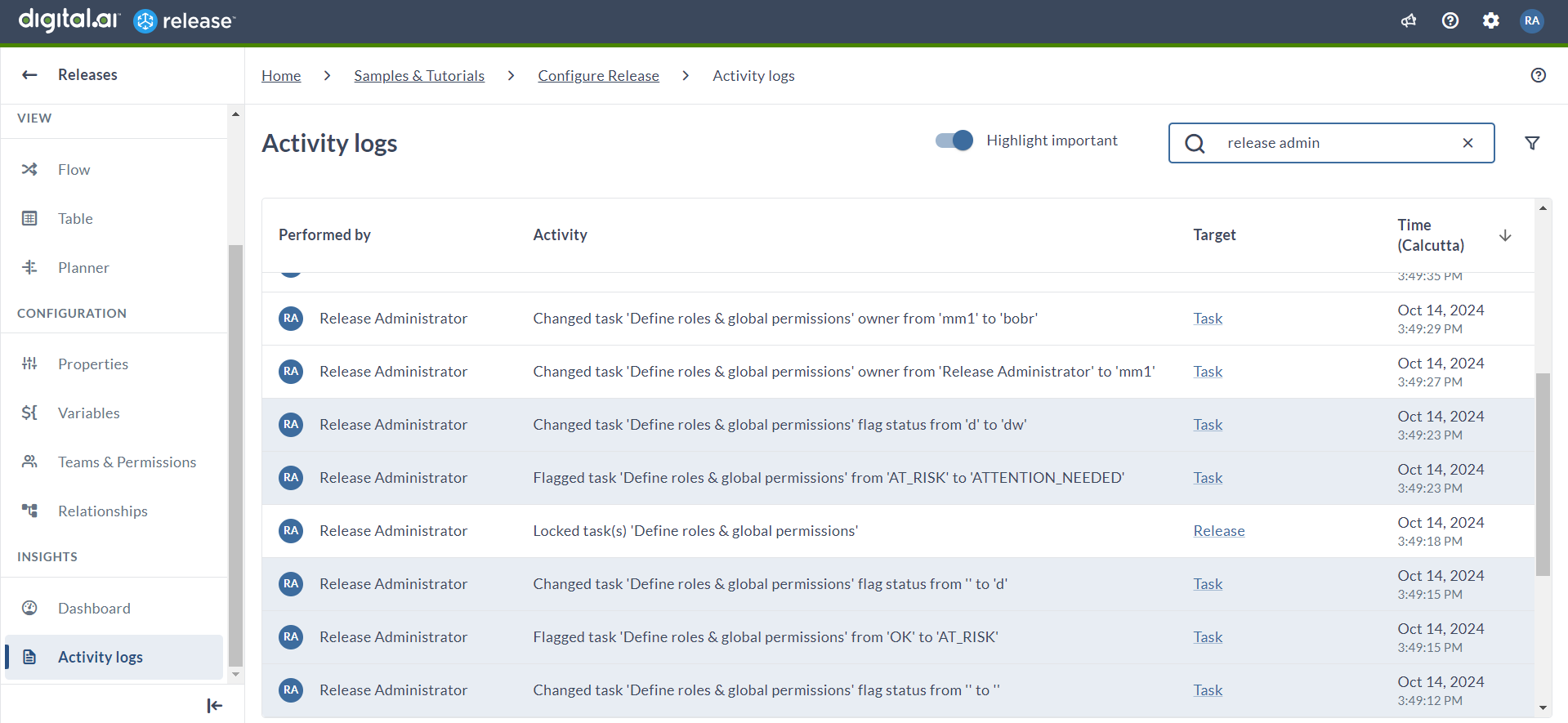 Activity logs page with the search box highlighted, filtering logs by a specific user
