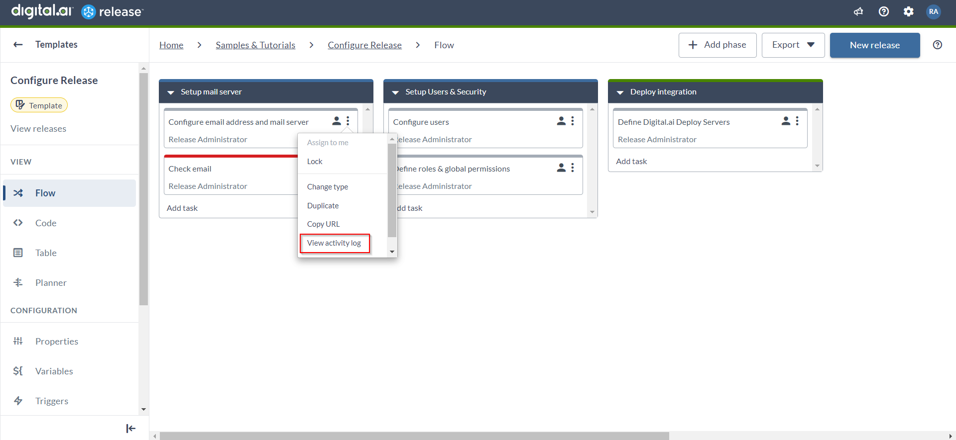 Task context menu open with the View activity log option highlighted