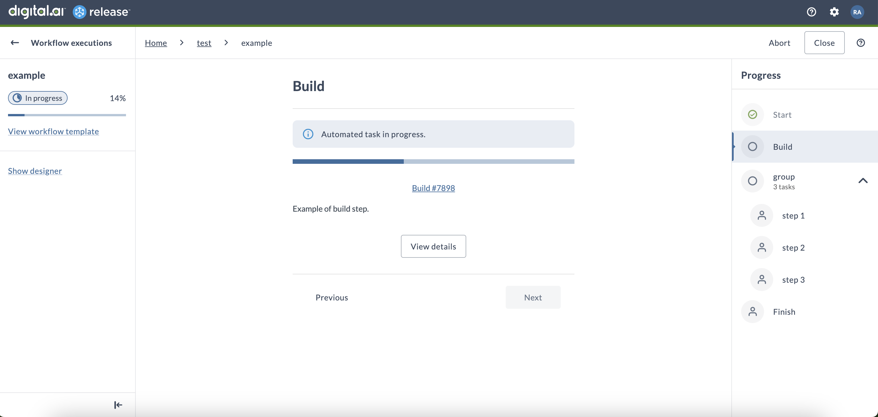 Workflow execution progress panel showing a nested task group with its steps listed underneath