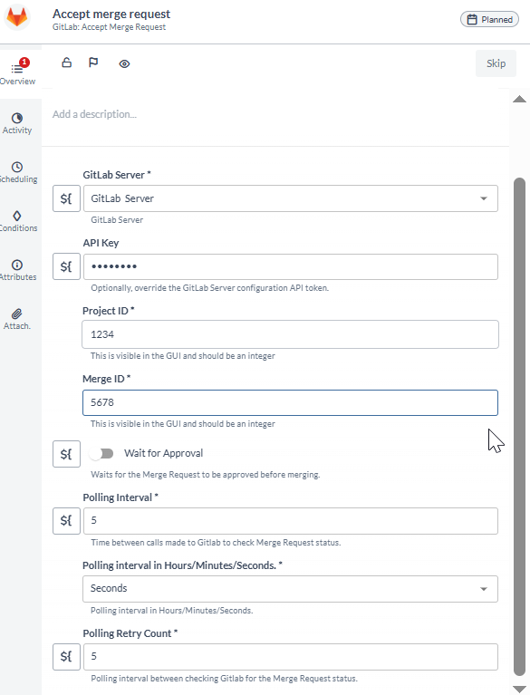 Accept Merge Request task configuration form showing GitLab Server, API Key, Project ID, and Merge ID fields
