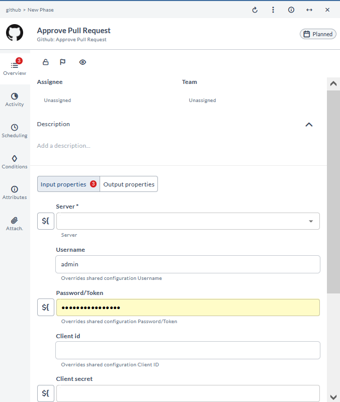 Approve Pull Request task configuration form showing Server, Username, Password/Token, Client id, and Client secret fields