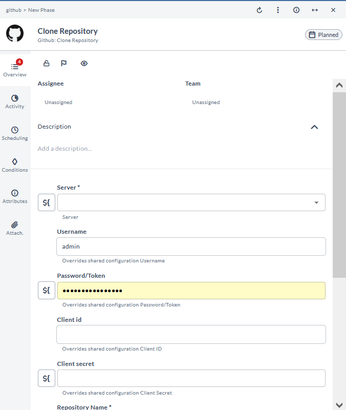 Clone Repository task configuration form showing Server, Username, Password/Token, Client id, Client secret, and Repository Name fields