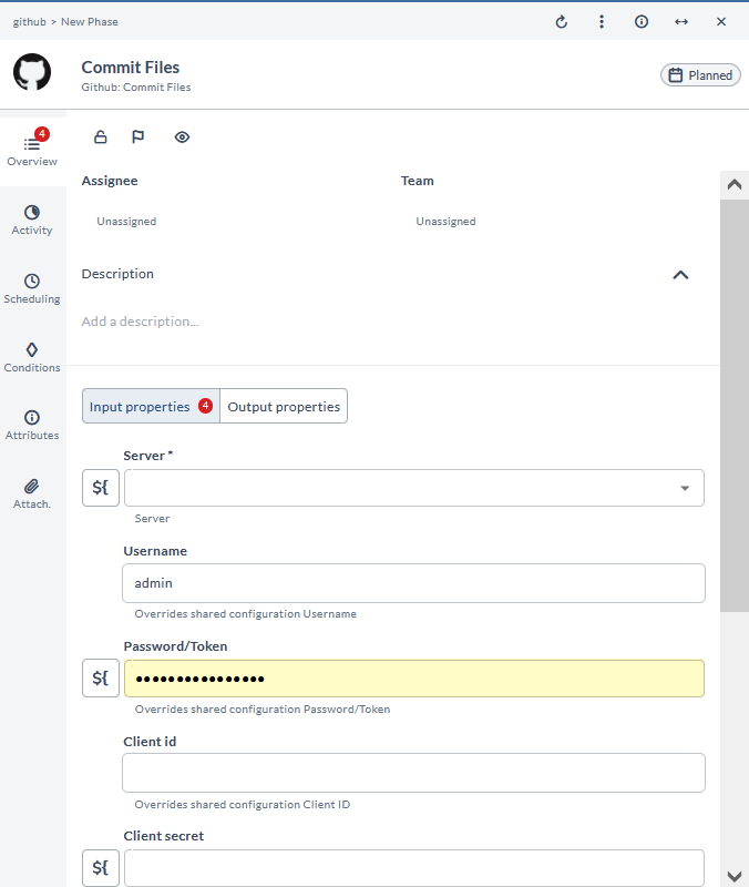 Commit Files task configuration form showing Server, Username, Password/Token, Client id, and Client secret fields