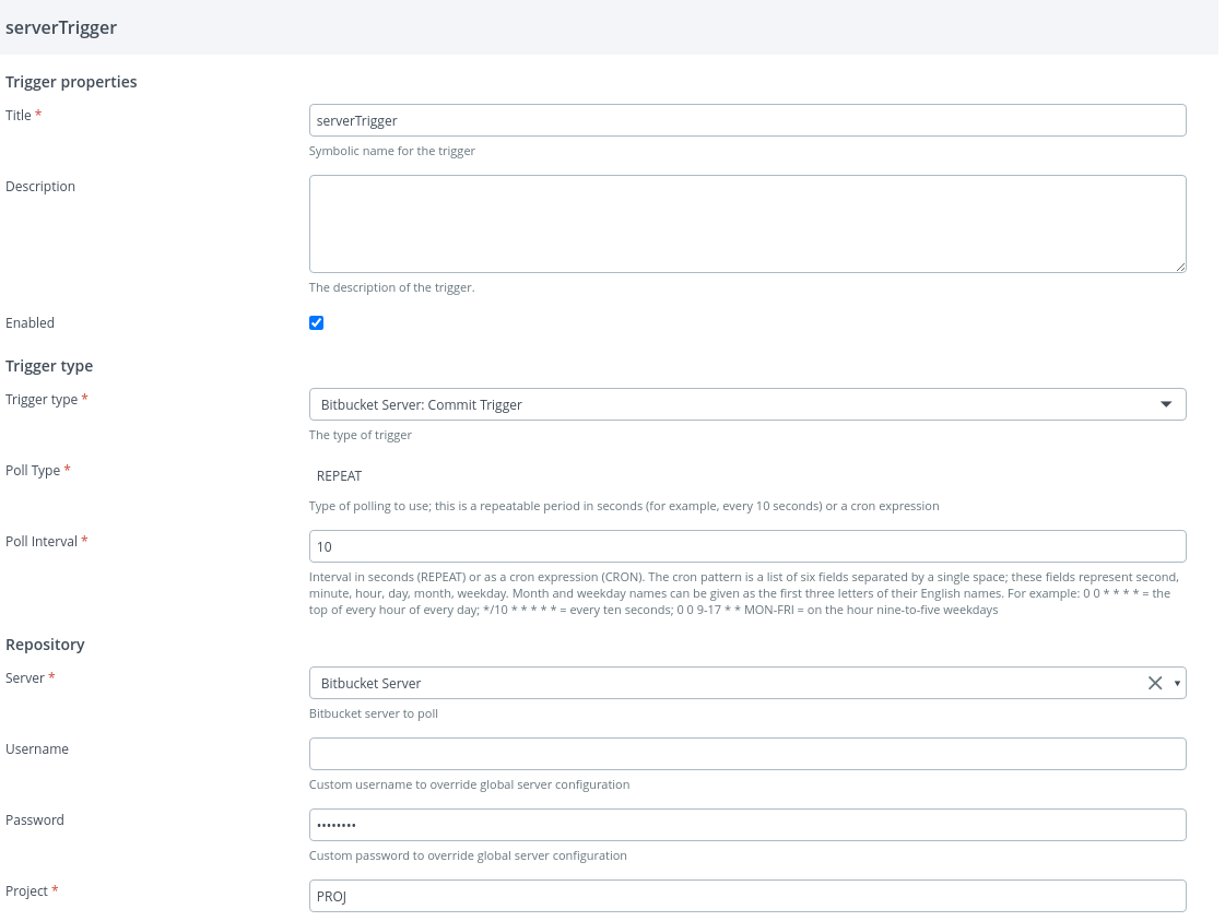 Bitbucket Server commit trigger with Trigger type, Poll Type, Poll Interval, and Server fields configured