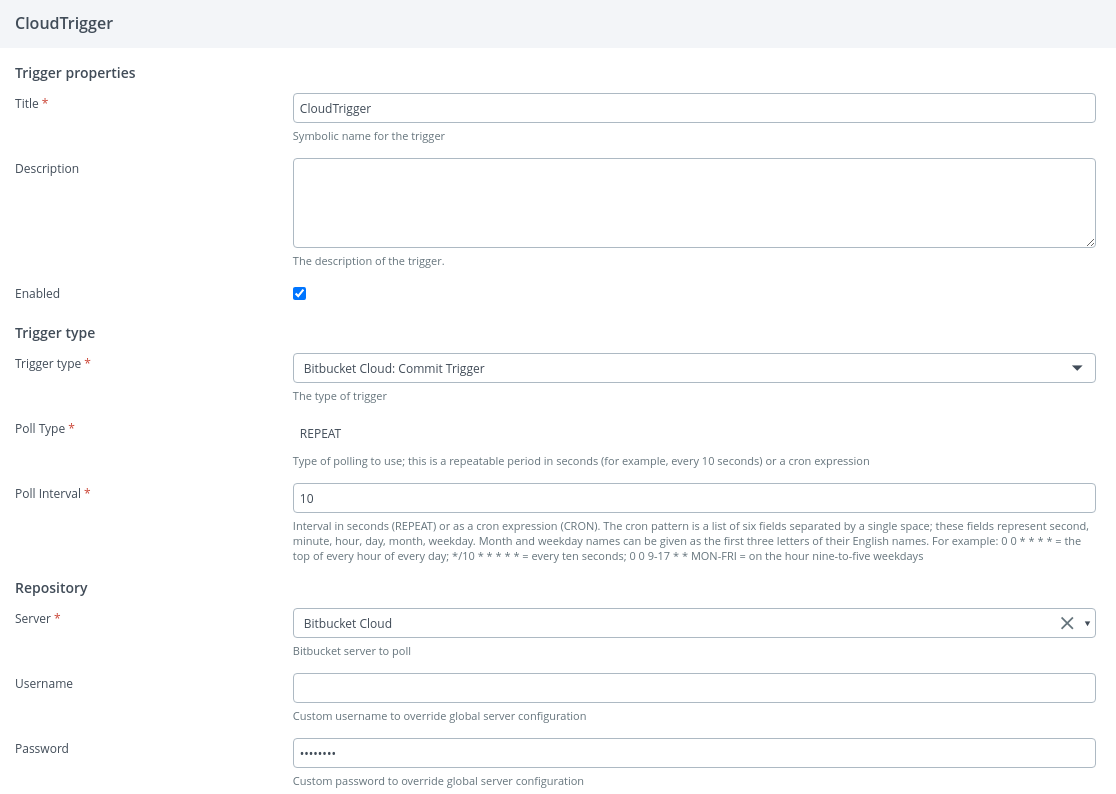 Bitbucket Cloud commit trigger with Trigger type, Poll Type, Poll Interval, and Server fields configured