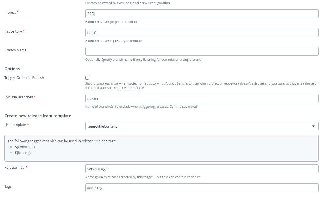 Bitbucket Server commit trigger showing Project, Repository, Exclude Branches, and the release template to create