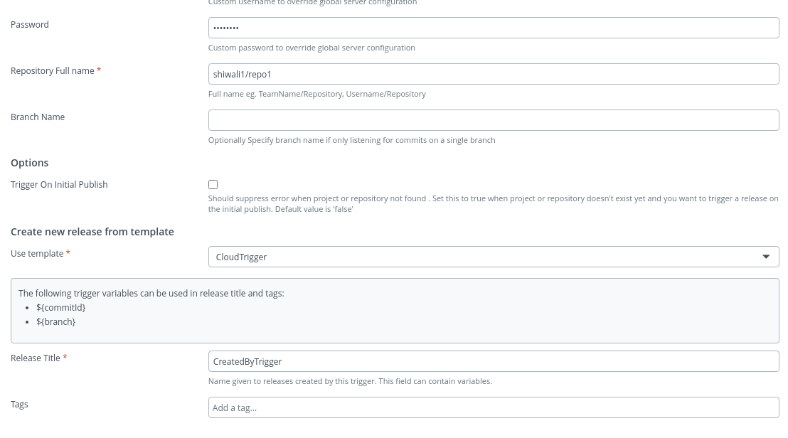 Bitbucket Cloud commit trigger showing Repository Full name and the release template to create