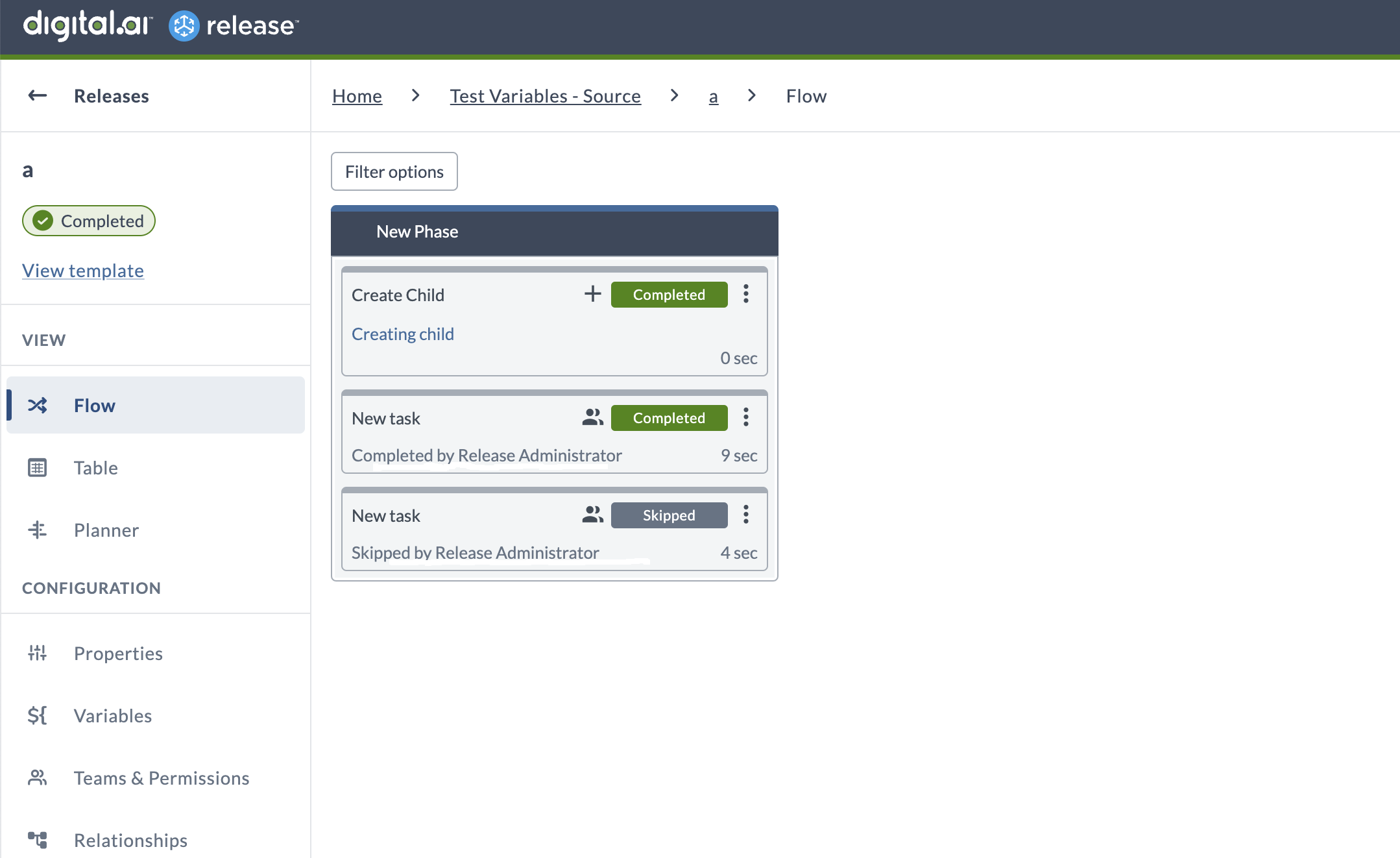 Task cards showing Completed and Skipped status badges, with owner information hidden for the completed task