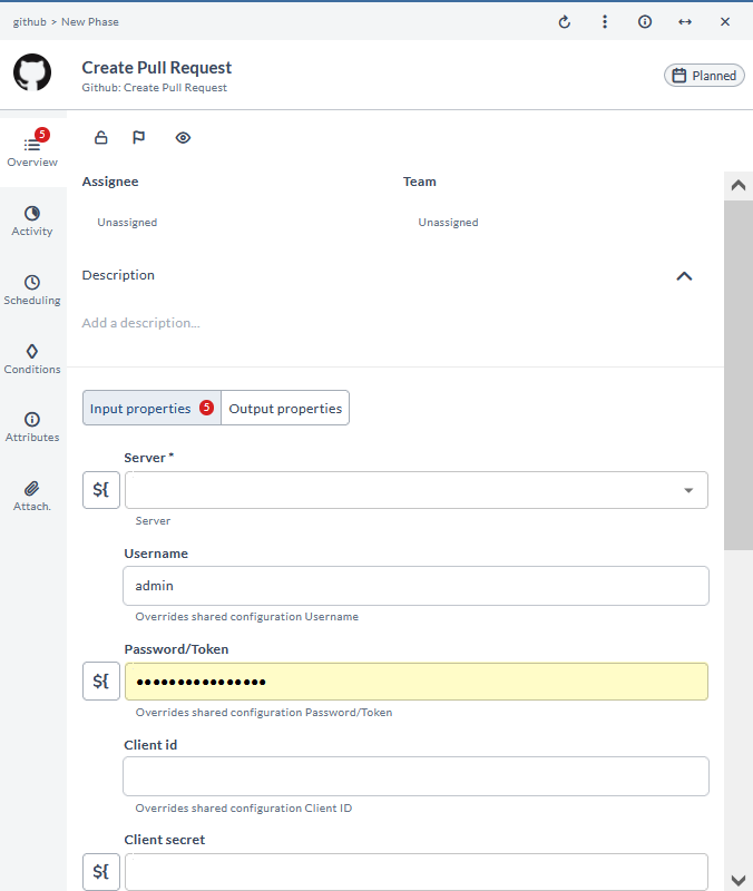 Create Pull Request task configuration form showing Server, Username, Password/Token, Client id, and Client secret fields