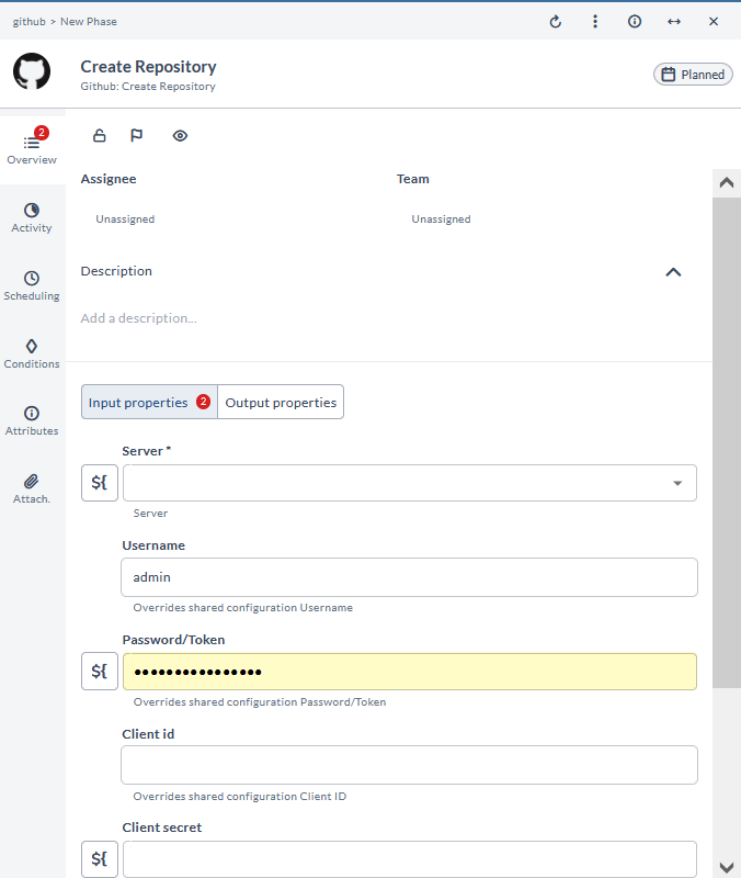 Create Repository task configuration form showing Server, Username, Password/Token, Client id, and Client secret fields