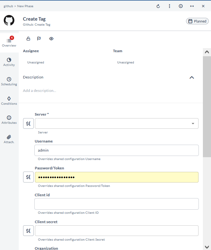Create Tag task configuration form showing Server, Username, Password/Token, Client id, and Client secret fields