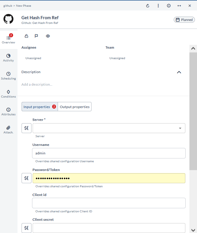 Get Hash From Ref task configuration form showing Server, Username, Password/Token, Client id, and Client secret fields