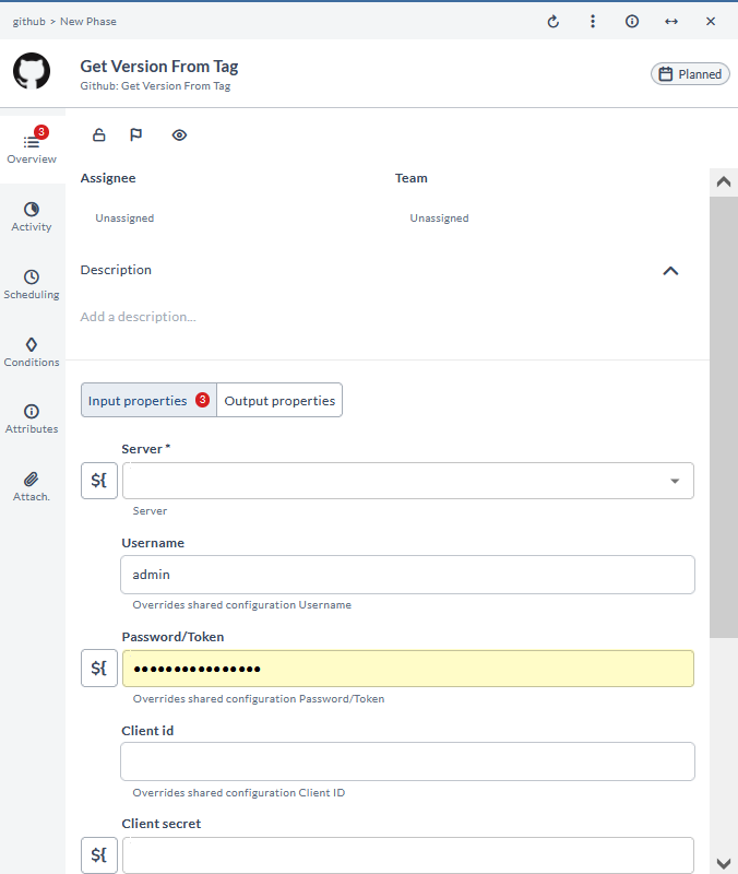 Get Version From Tag task configuration form showing Server, Username, Password/Token, Client id, and Client secret fields