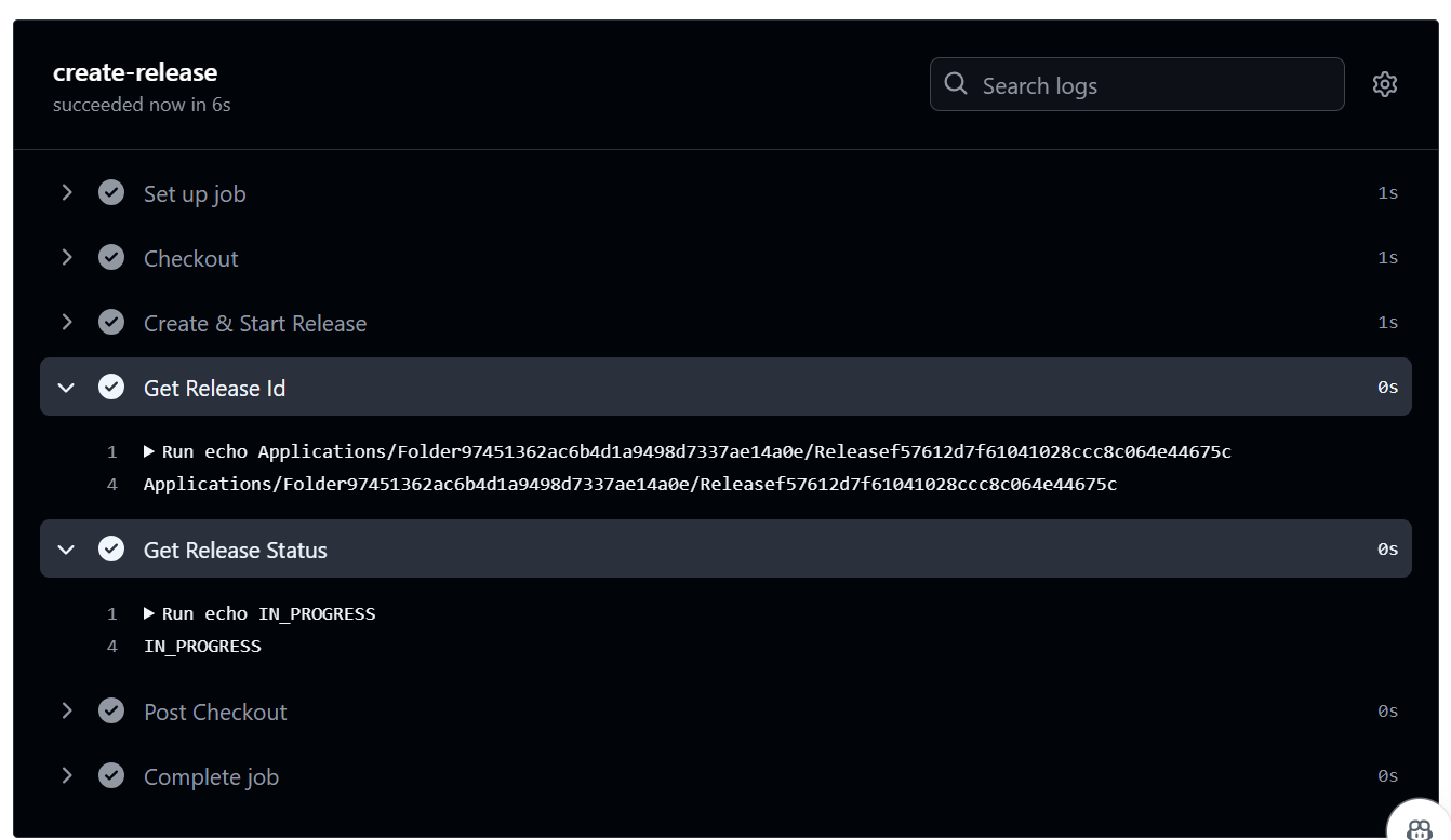 GitHub Actions run log expanded to show the Get Release Id and Get Release Status steps