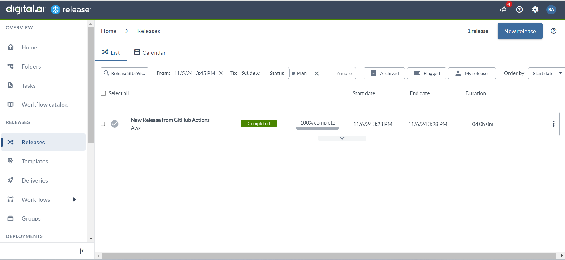 Digital.ai Release Releases list showing a release created from GitHub Actions marked as Completed