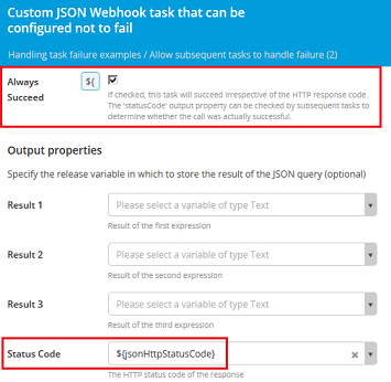 Custom JSON Webhook task with Always Succeed selected and a Status Code output variable set