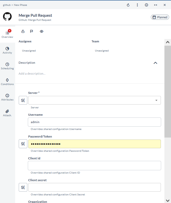 Merge Pull Request task configuration form showing Server, Username, Password/Token, Client id, and Client secret fields