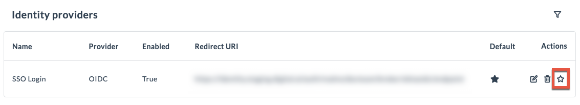 The Identity providers page default star. Screenshot of the Identity providers page highlighting set as default star