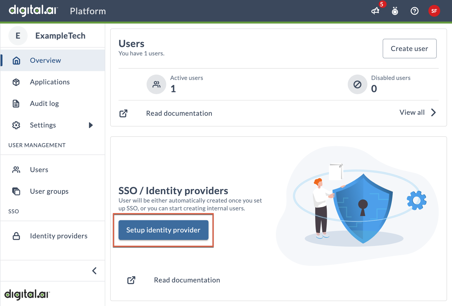 Open the IdP configuration wizard Screenshot that highlights Setup identity provider button
