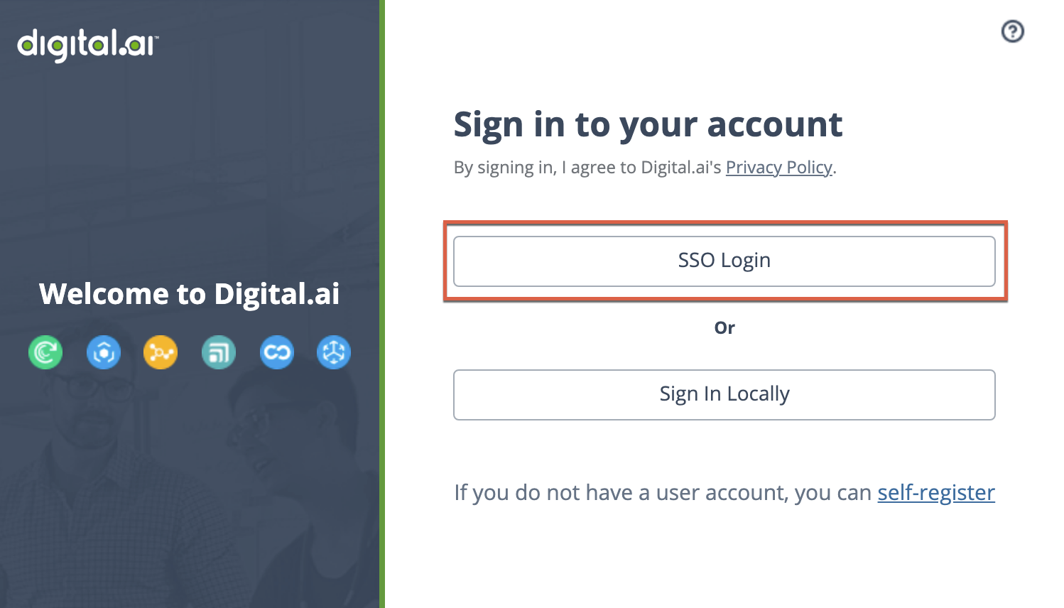Login page with SSO button. Screenshot of the login page