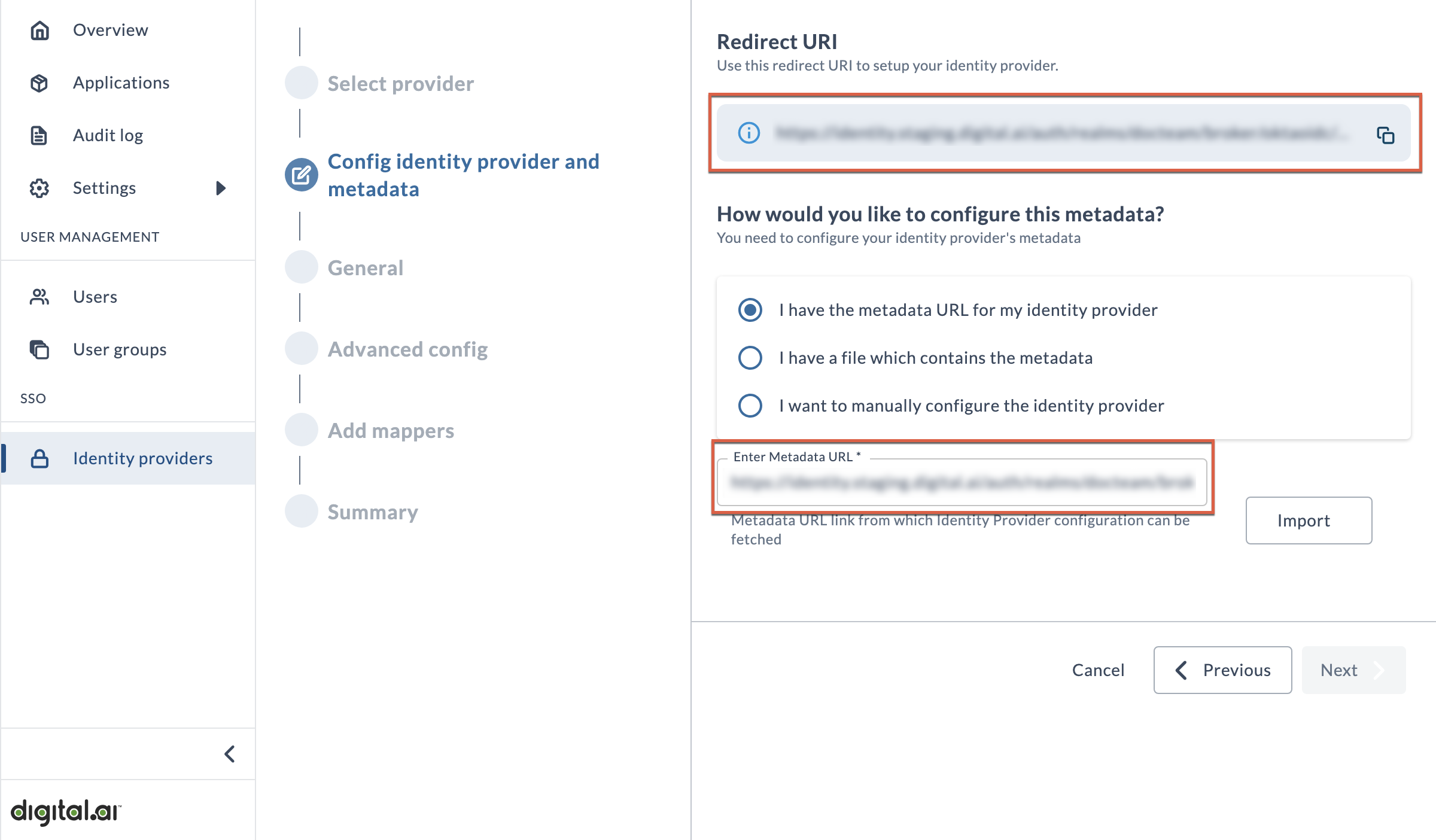 The Config identity provider and metadata page Screenshot of the Config identity provider and metadata page