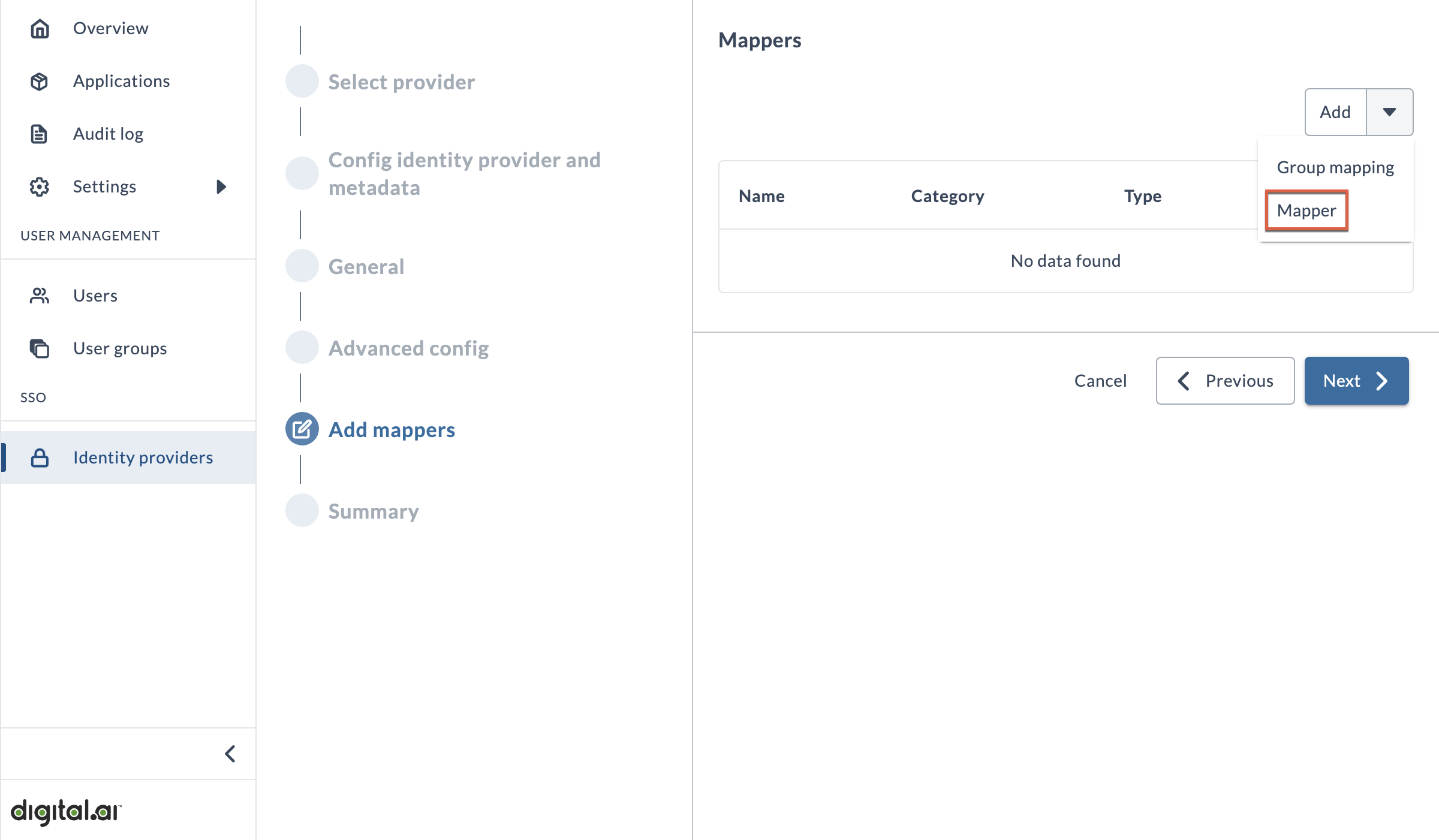 The Add mappers page Screenshot of the Add mappers page