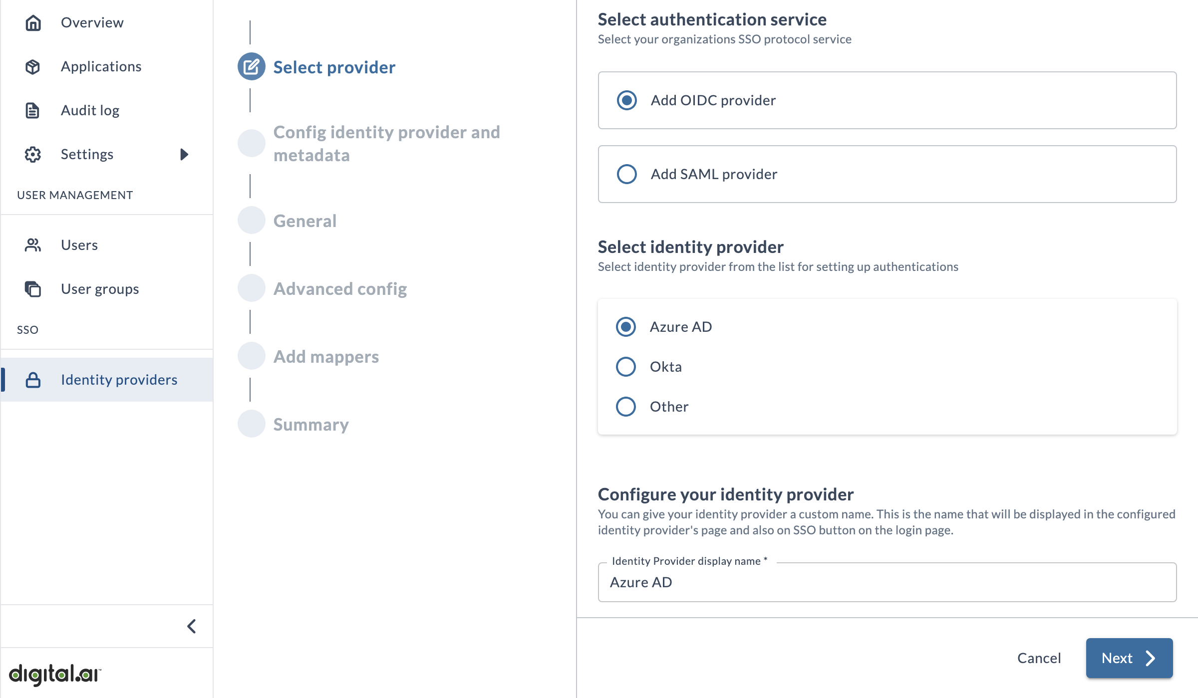 The Select provider page Screenshot of the Select provider page