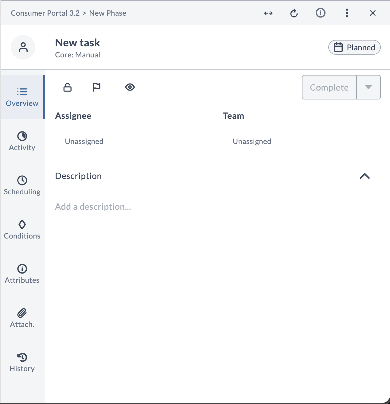 Task Overview tab showing the Assignee and Team fields, both set to Unassigned