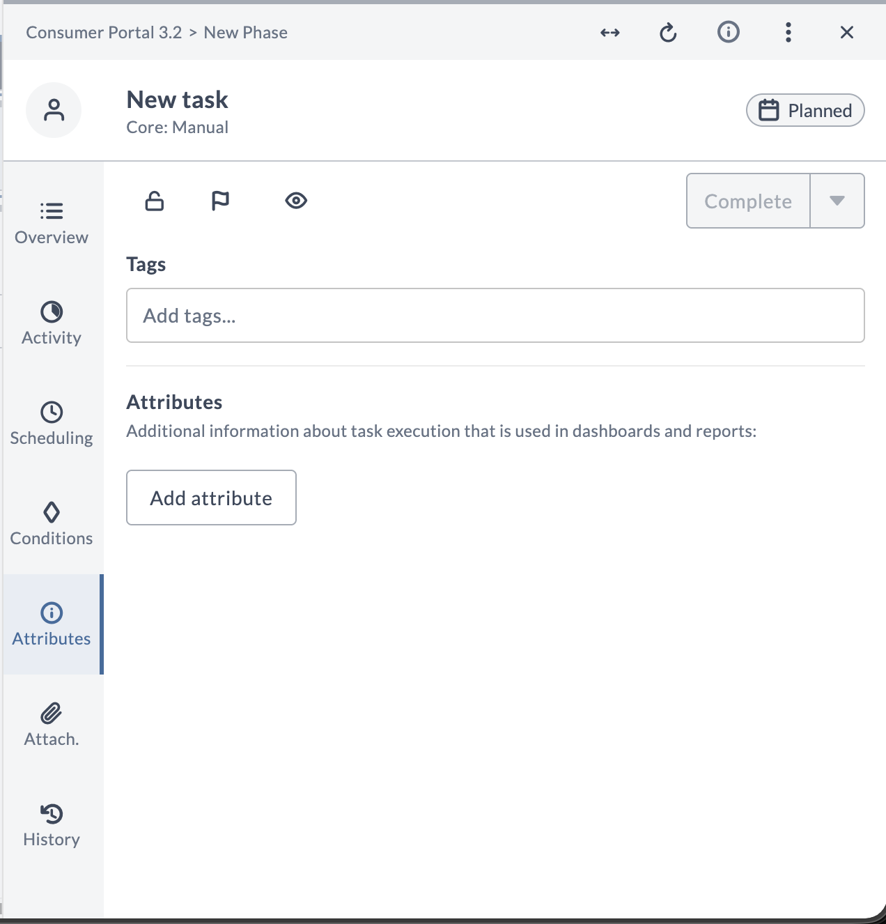 Task Attributes tab showing the Tags input field and the Add attribute button