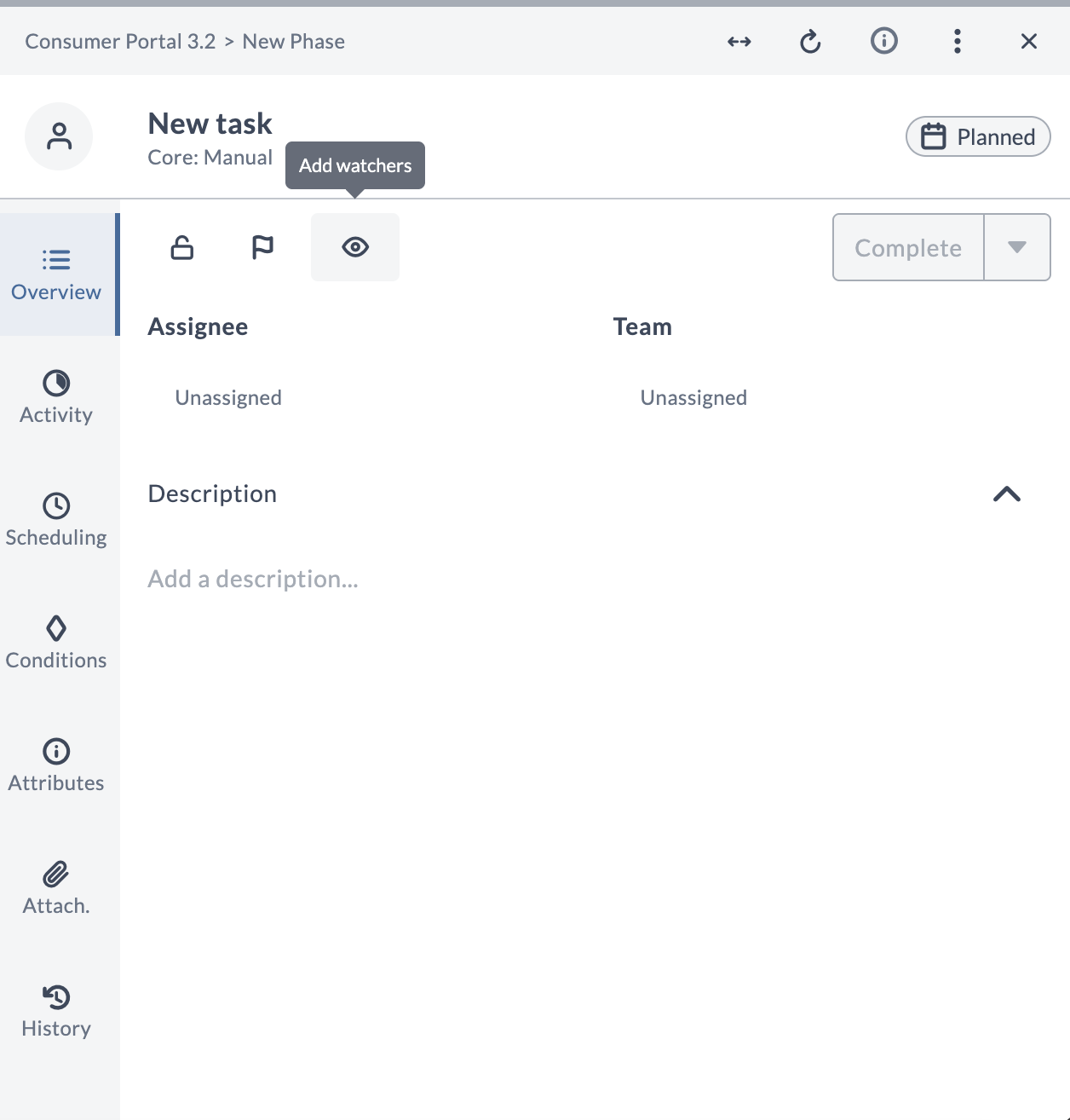 Task drawer toolbar with the eye icon selected, showing the Add watchers tooltip