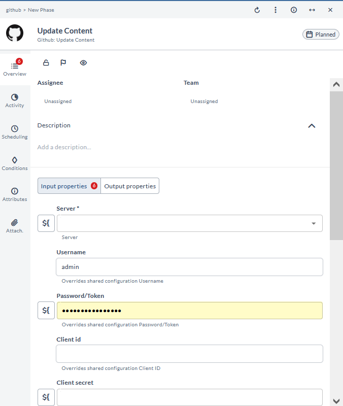 Update Content task configuration form showing Server, Username, Password/Token, Client id, and Client secret fields