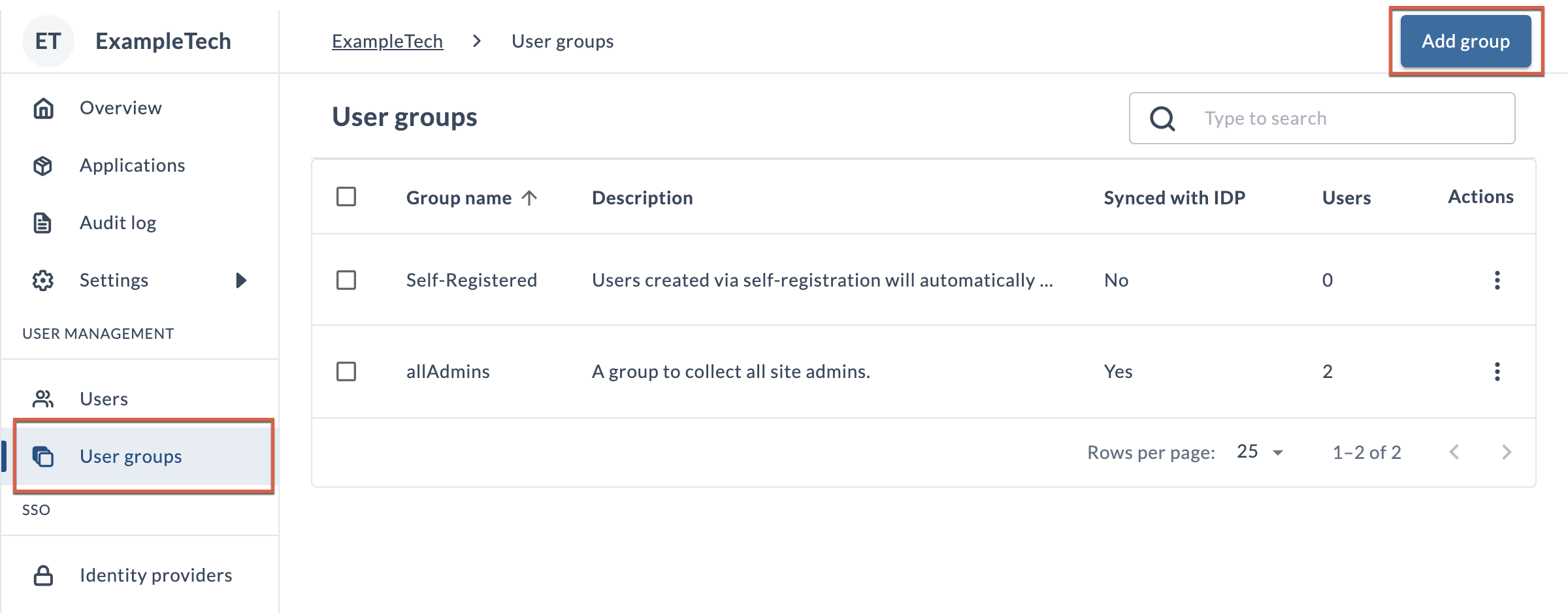 The User groups page Screenshot of the User groups page