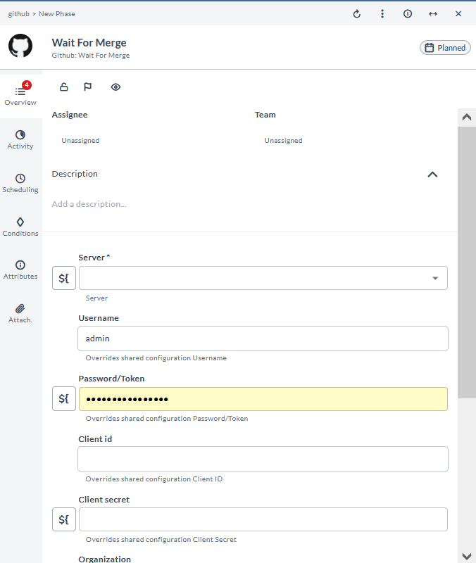 Wait For Merge task configuration form showing Server, Username, Password/Token, Client id, and Client secret fields