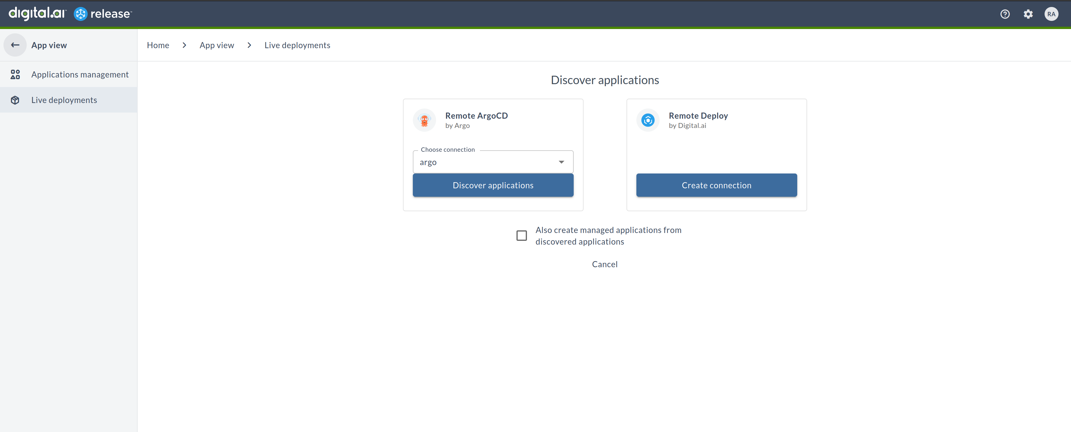 Discover applications - Choose server