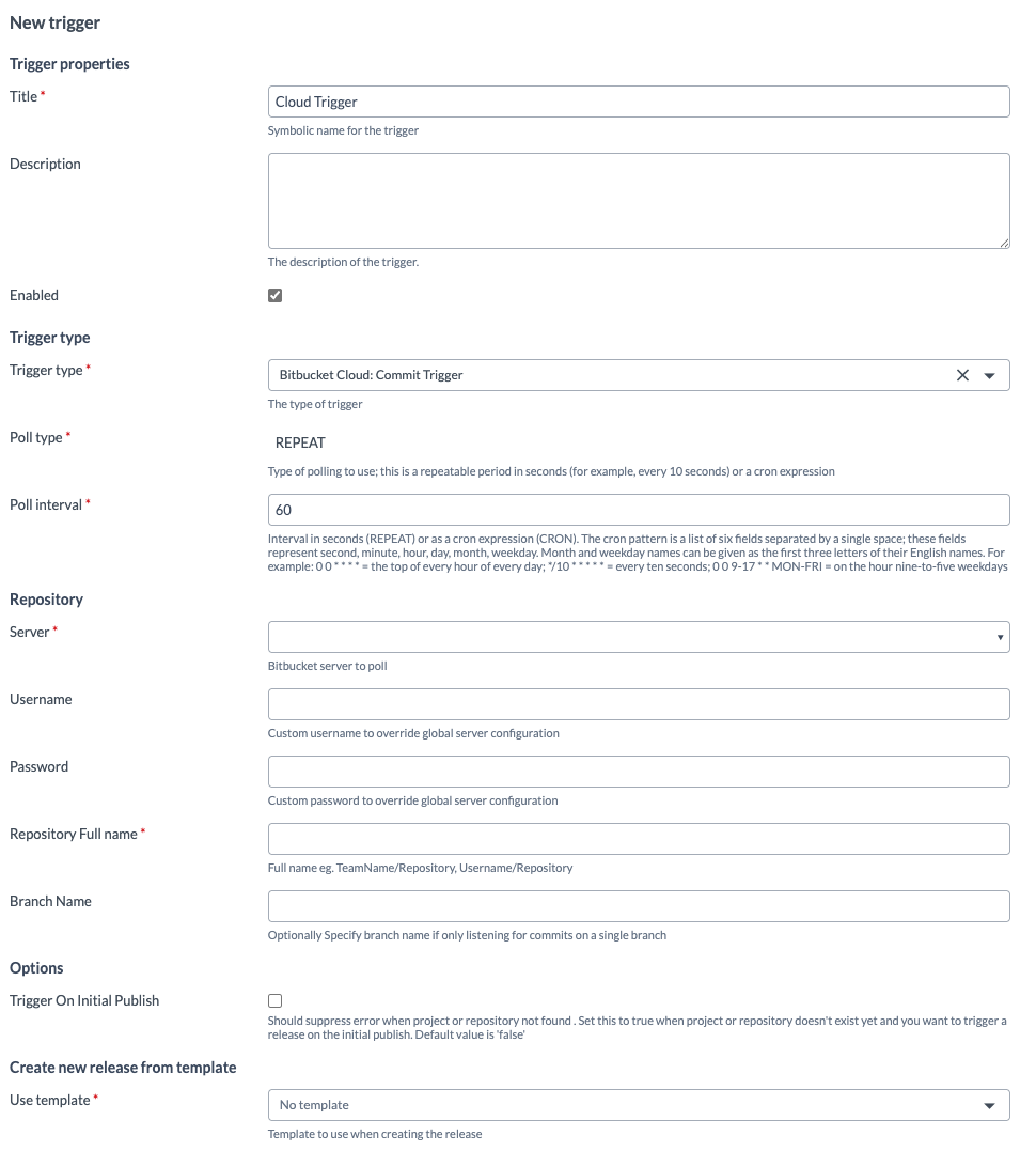 Bitbucket Cloud commit trigger configuration