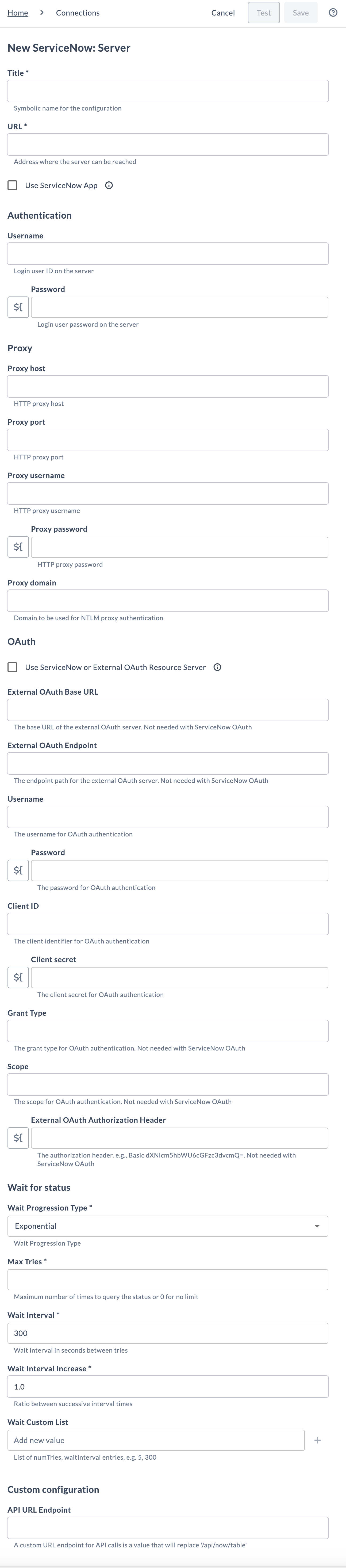 ServiceNow server connection configuration page