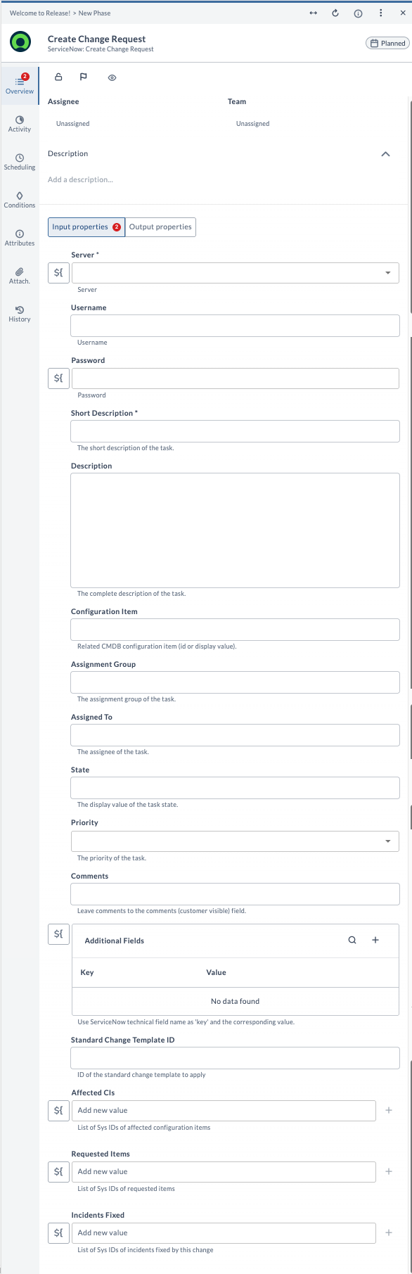 ServiceNow Create Change Request task