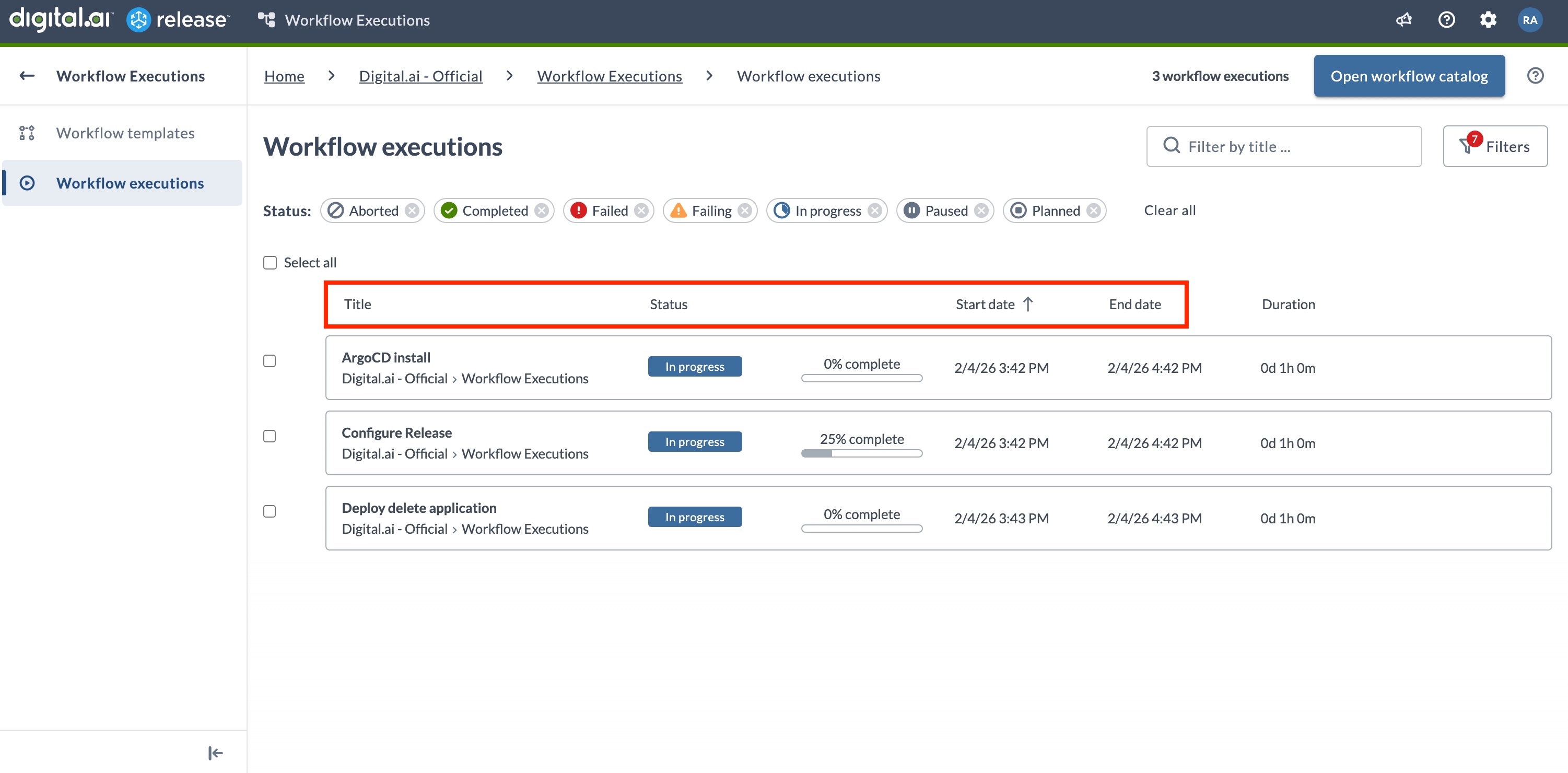 Sorting workflow executions