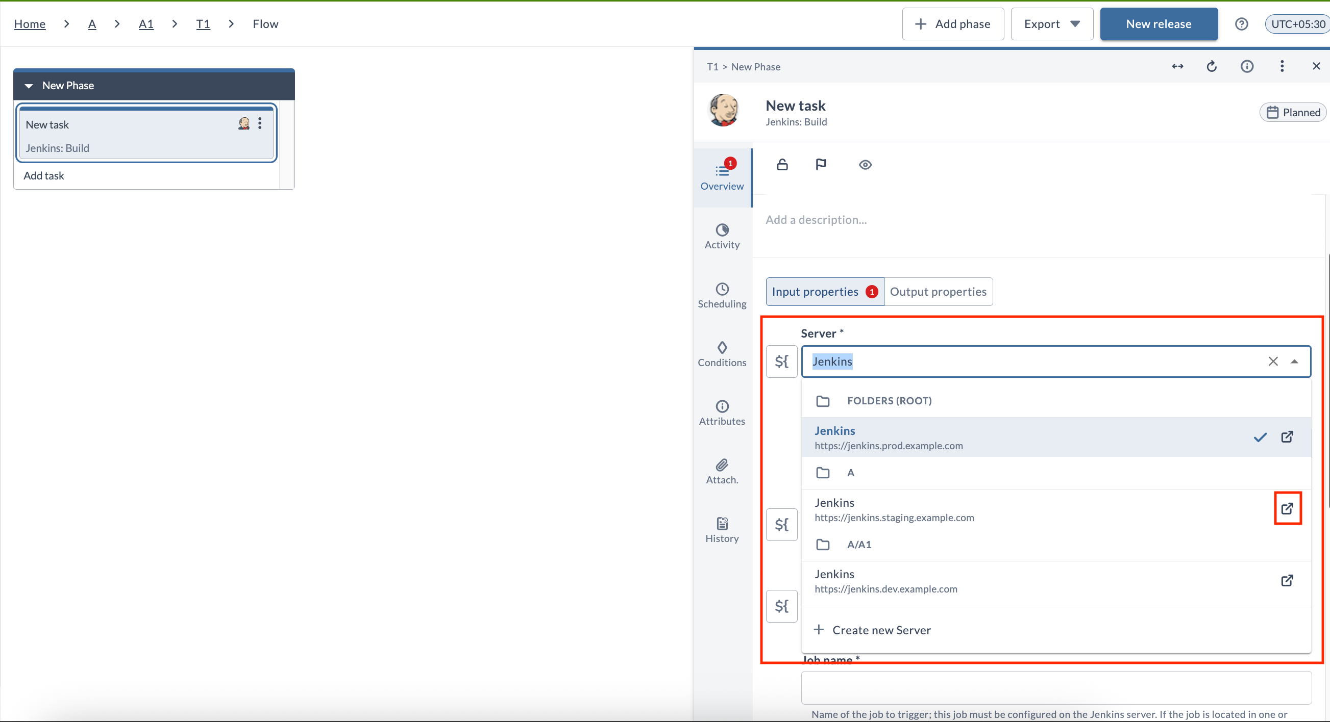 Connection picker grouped by folder in the Task Drawer