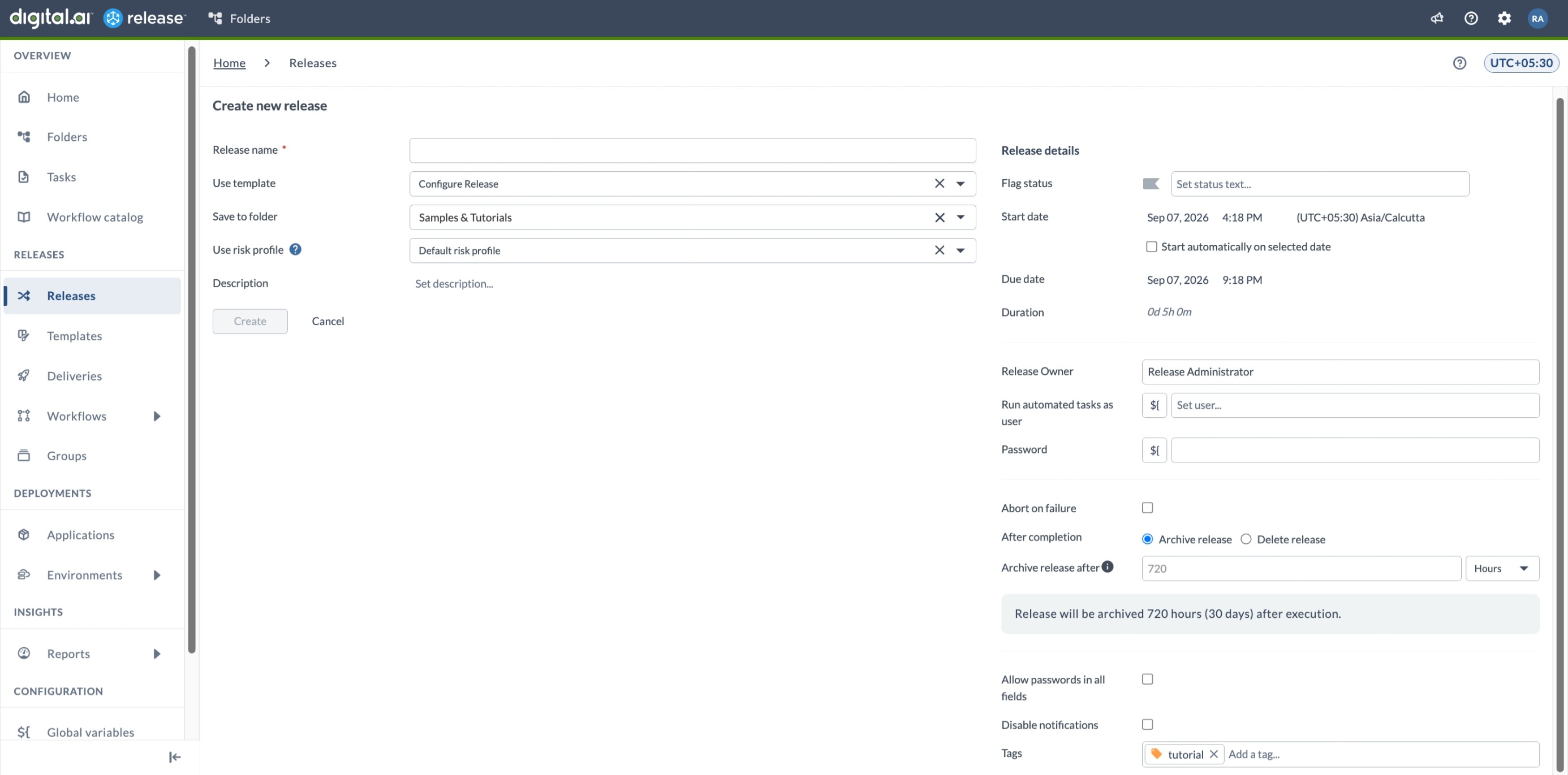 Create new release page, showing the release name, template, and folder fields on the left and the Release details pane on the right