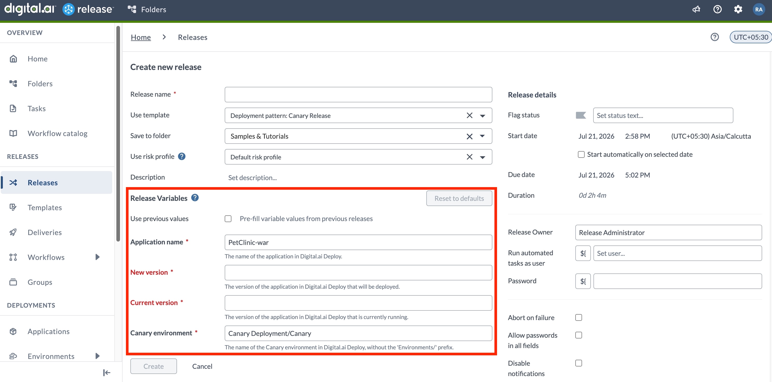 Variables on the Create Release form