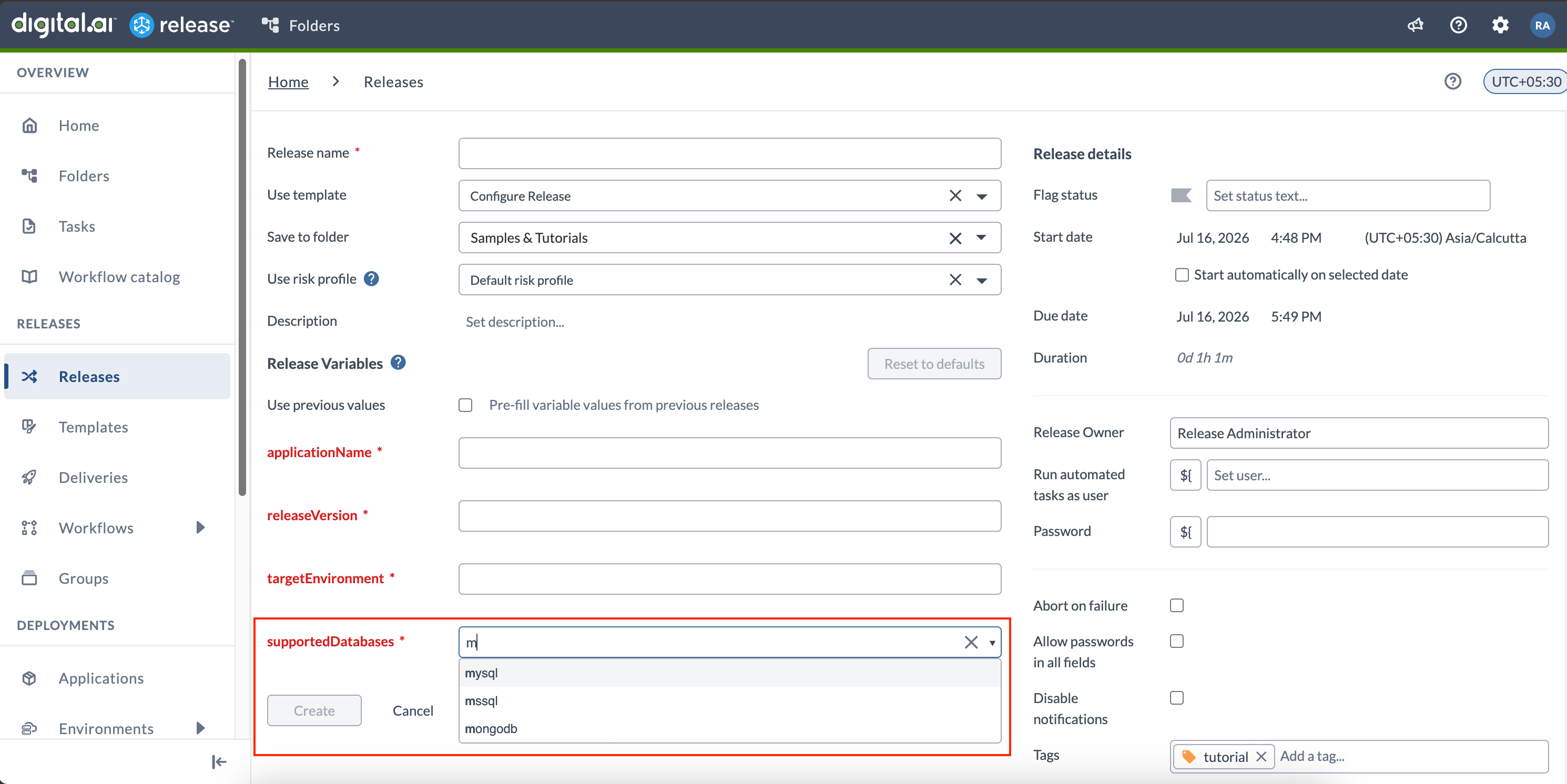 Substring search for List box variable values on the Create Release page