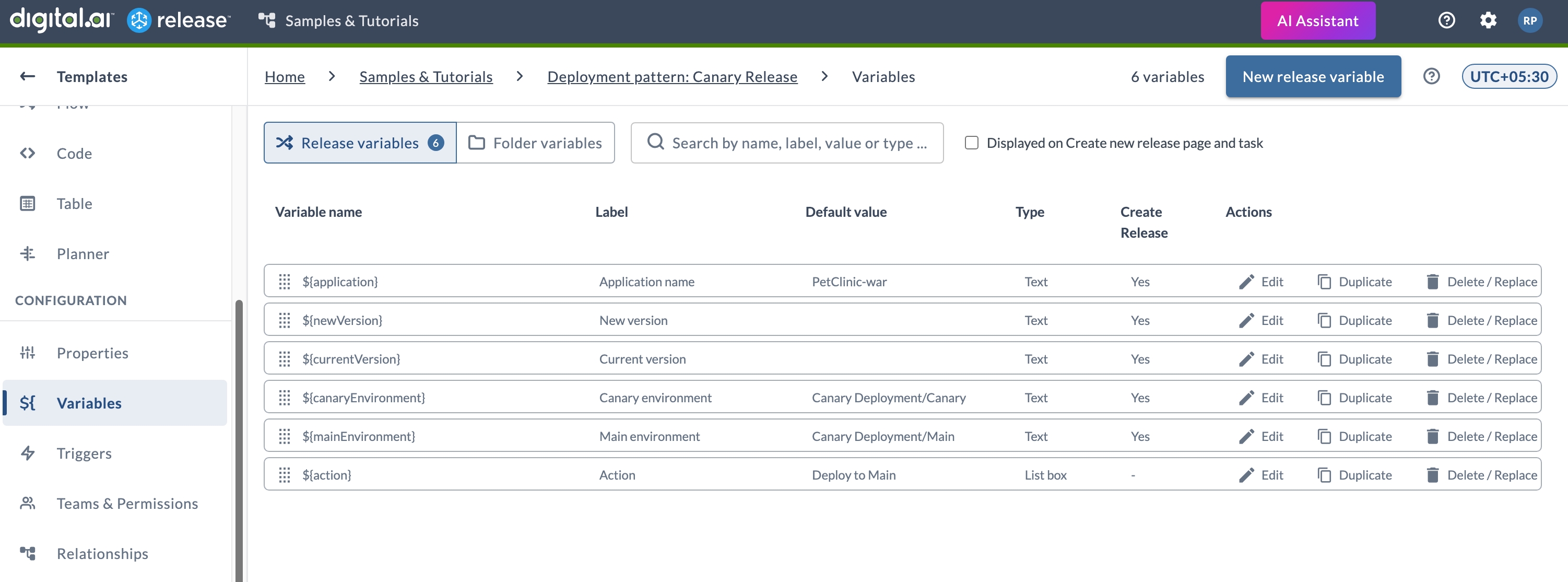 Variables page with the Release variables and Folder variables tabs