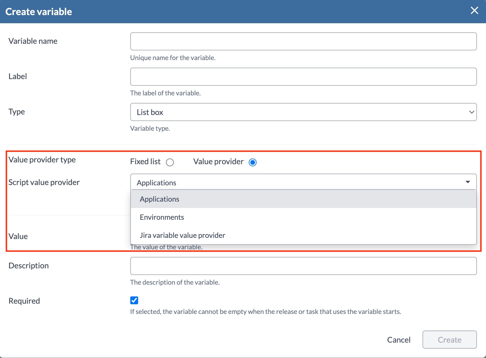 Applications and Environments in List Box