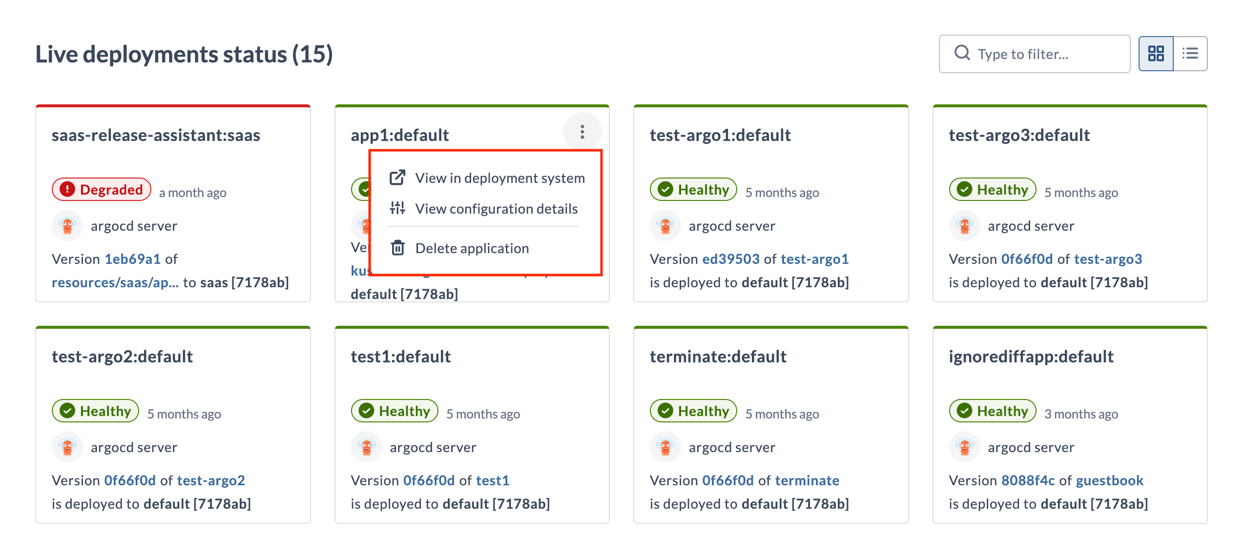 Action menu on a Live Deployments card